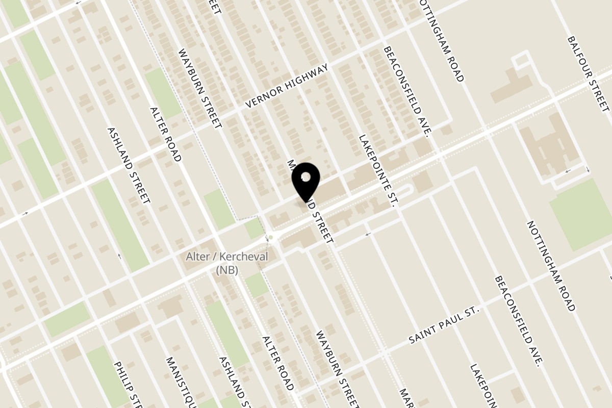 Map showing the location of Brine Oyster House on 15033 Kercheval Ave in Grosse Pointe Park